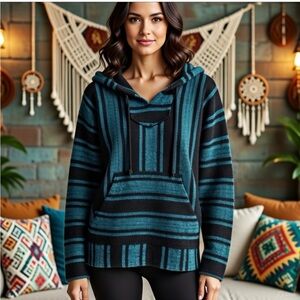 Hydration Nation Striped Pullover V-neck Baja Hoodie Drawstring Kangaroo Pocket